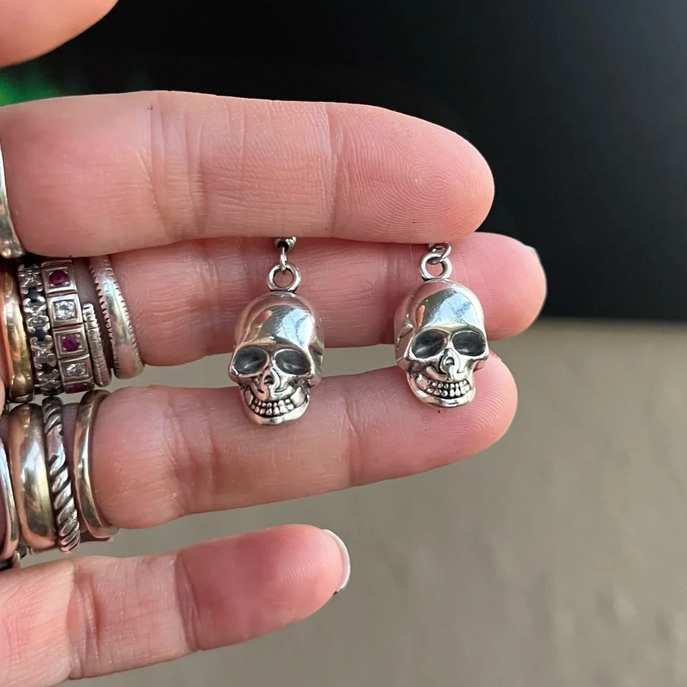 Set ! Red coral skull double layer necklace + matching skull earrings goth boho - Picture 4 of 16